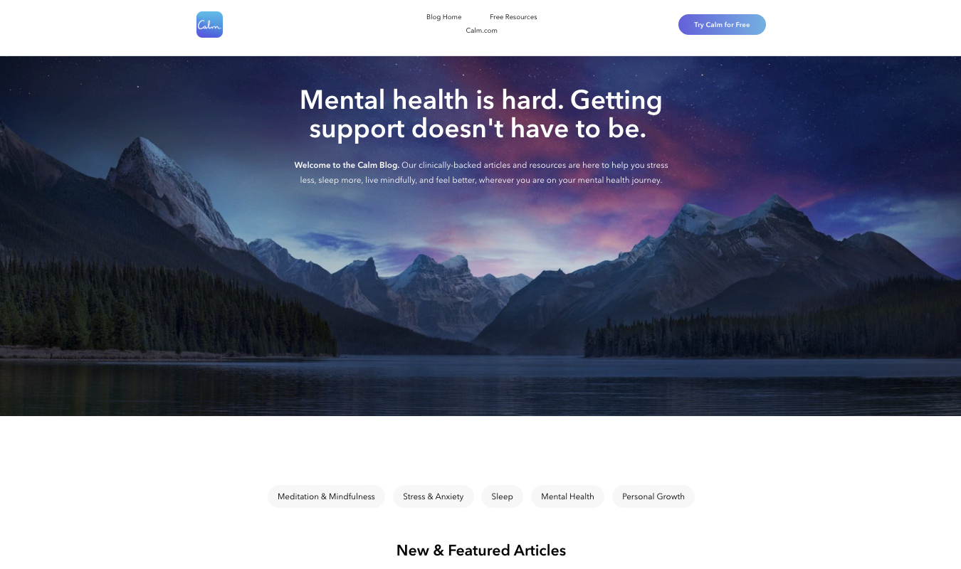 Calm website shown with a background of mountains and text that reads "Mental health is hard. Getting support doesn