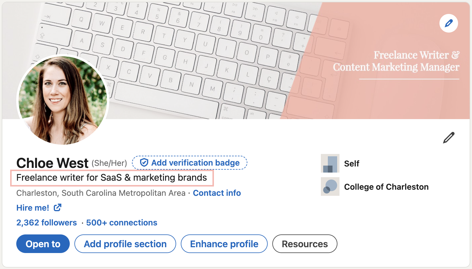 LinkedIn profile of Chloe West with a pink box around her headline to highlight it as an example. 