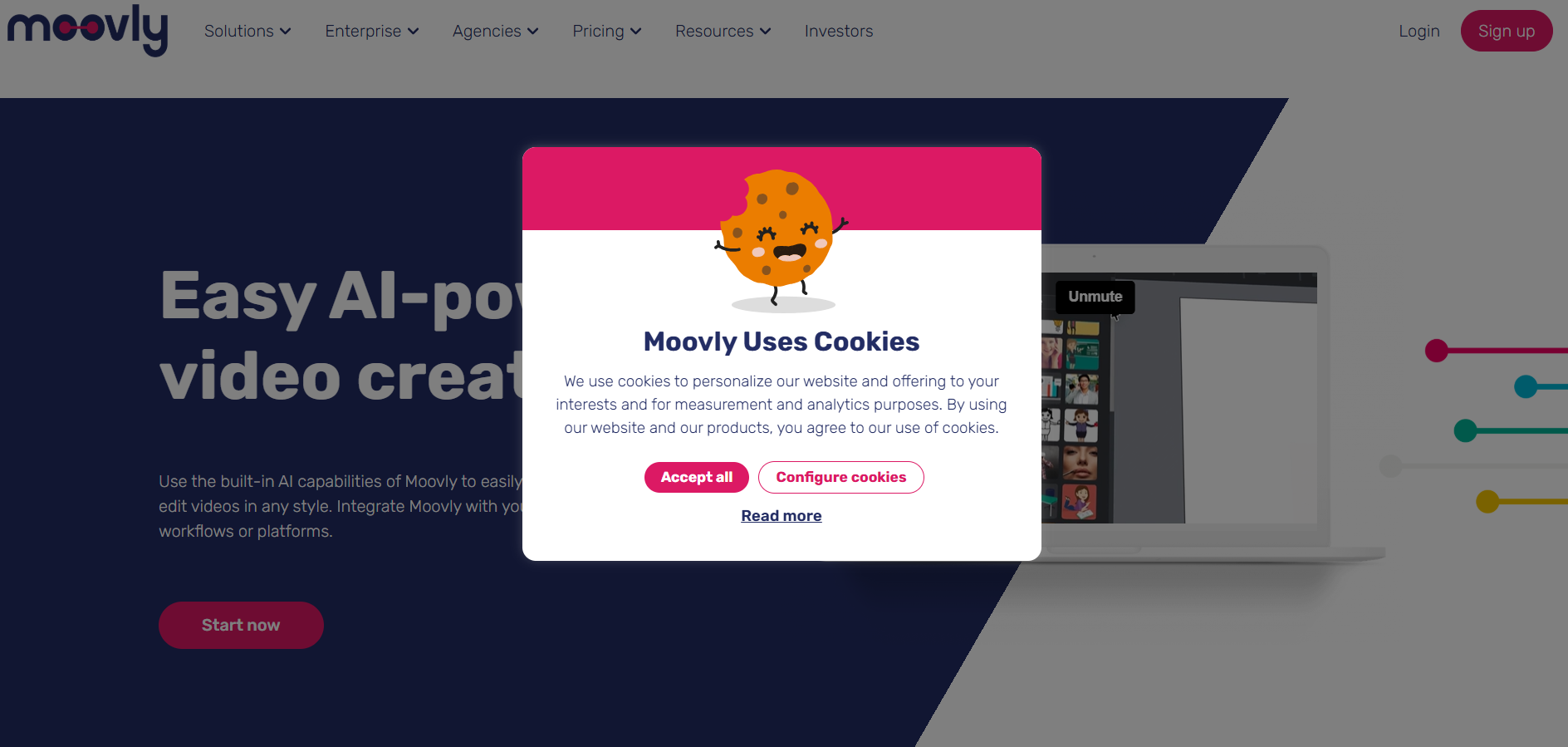 Moovly cookie banner pop up notice with accept all button and configure cookies button. 
