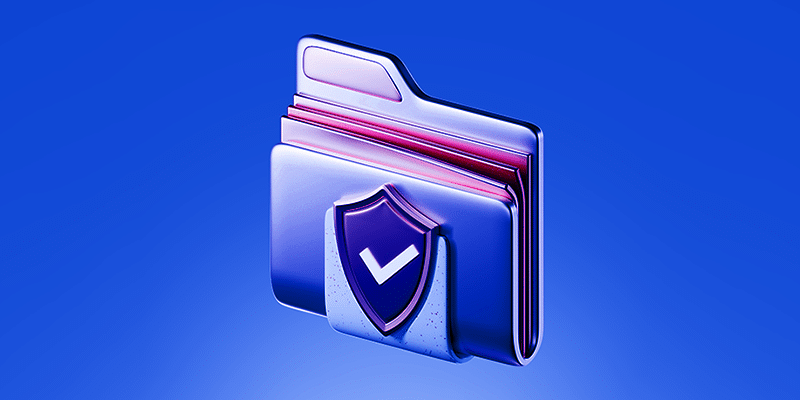 A digital illustration depicts a file folder prominently displayed with a shield and checkmark symbol on its front, signifying security and protection. The shield, indicative of defense, coupled with the checkmark, signifies successful safeguarding against potential security threats. This imagery is set against a clean blue background that emphasizes the theme of technological reliability and safety.