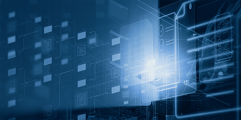A digital illustration depicts data storage and blockchain technology with a network of glowing interconnected nodes and lines against a blue background. File icons are scattered throughout, symbolizing stored data. The overall design emphasizes the importance of Role-Based Access Control (RBAC) in securing access management within this technological framework.