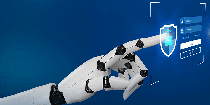 A robotic hand interacts with a digital login screen featuring a prominent shield and lock icon, representing cybersecurity and secure access. The scene is set against a blue background, emphasizing the theme of reclaiming software to enhance digital security measures.