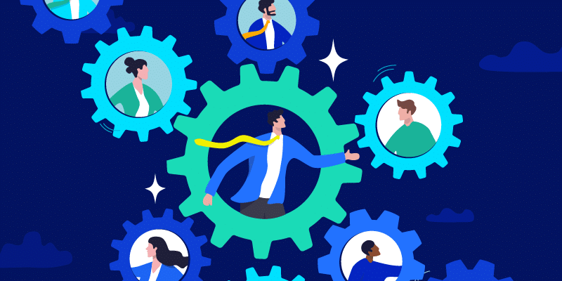 Six diverse individuals placed within interlocking blue gears, representing teamwork and IT resource management; surrounding elements include clouds and stars on a dark blue background, emphasizing collaboration in a digital environment.