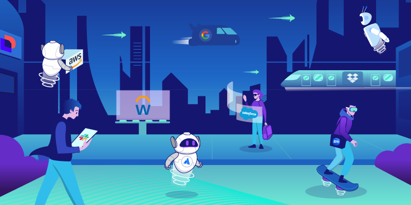 Individuals and robots collaborate among digital platforms—Google, AWS, Dropbox, Salesforce, Asana, and Slack—set against a sleek futuristic city backdrop. Dynamic holographic interfaces and interconnected devices illustrate innovation and automation in 2025 SaaS trends.