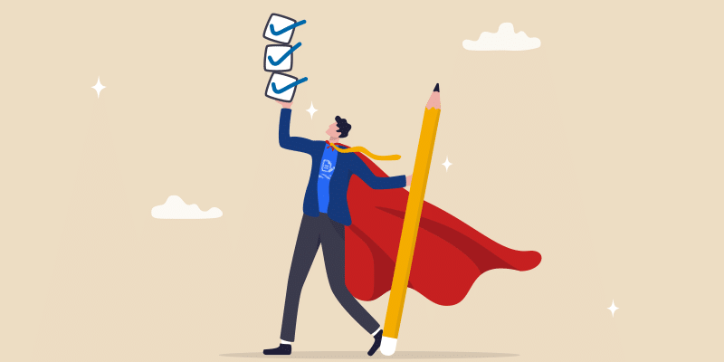 A caped individual stands confidently, gripping an oversized pencil in one hand and a checklist with every item marked complete in the other; the dynamic pose and superhero attire evoke empowerment, while the checklist and pencil represent successful accomplishment and streamlined productivity through IT automation.