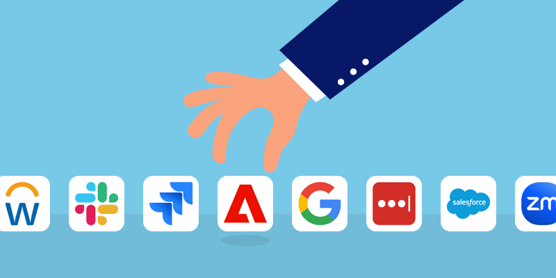 A hand extends toward floating app icons, including Workday, Slack, Jira, Adobe, and others, set against a solid blue background; the composition suggests selecting or managing workplace software tools efficiently.