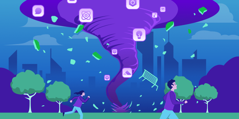 A massive purple tornado twists through a city park, representing SaaS sprawl, engulfing floating software app icons, dollar bills, and a wooden bench. Two frightened people flee in opposite directions amid trees and skyscrapers in the background.