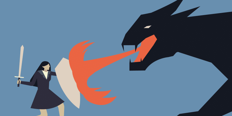 A woman dressed in professional business attire stands confidently, wielding a sword and shield as she faces a menacing, fire-breathing dragon. The scene represents overcoming the challenges of IT consolidation and implementing smart technology stack strategies.