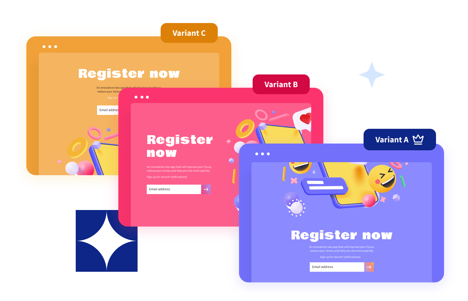 Illustration of three variants of a register now page. 