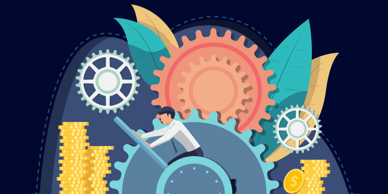 A man rotates a large gear beside towering stacks of gold coins and smaller interconnected gears, representing SaaS spend optimization; oversized green leaves in the background add a fresh, growth-oriented atmosphere.