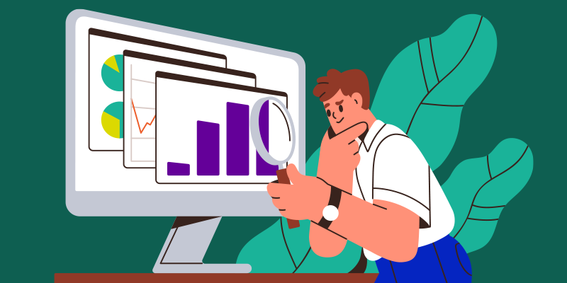 A person examines data metrics on overlapping graph and chart windows displayed on a computer screen, holding a magnifying glass for closer analysis; the scene conveys focused data analysis relevant to IT leadership.