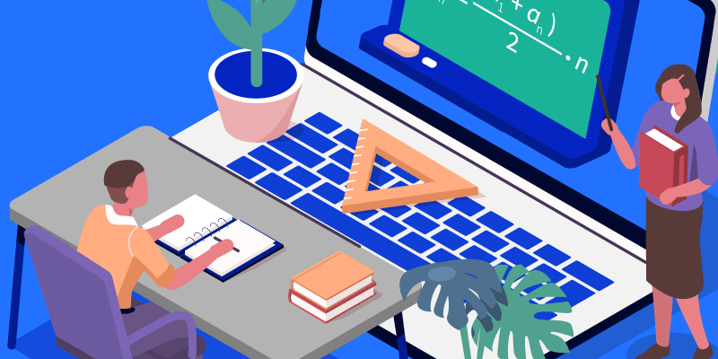 Illustration of a student in a classroom set inside a computer