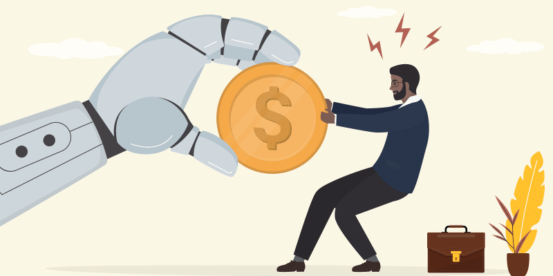 A metallic robot hand powered by AI firmly grasps an oversized gold coin embossed with a dollar sign, while a worried man in business attire desperately tries to retrieve it; a briefcase lies on the floor beside him and a small potted plant sits nearby, highlighting tensions between human workers and artificial intelligence over financial resources.