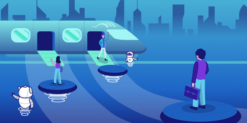 People and robots board a sleek, modern train via floating platforms, set against a futuristic city skyline, symbolizing choosing unified SaaS via BetterCloud platform.