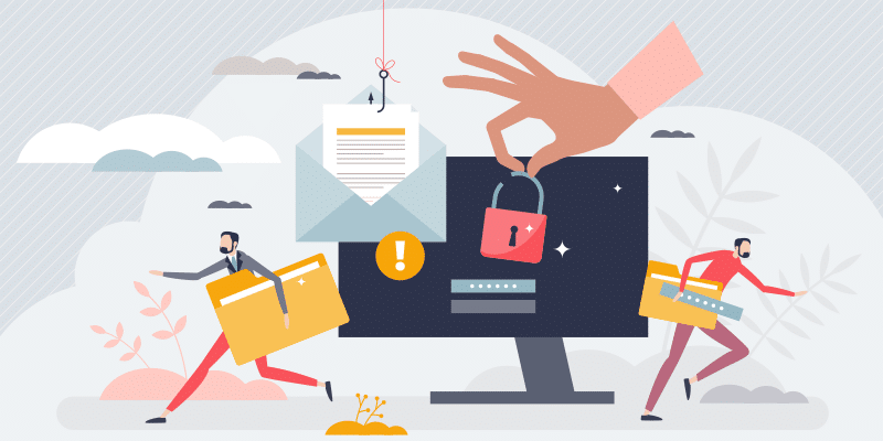 People stealing folders, a hand with a padlock before a computer, and an email with document, symbolizing SaaS security risks and breaches.