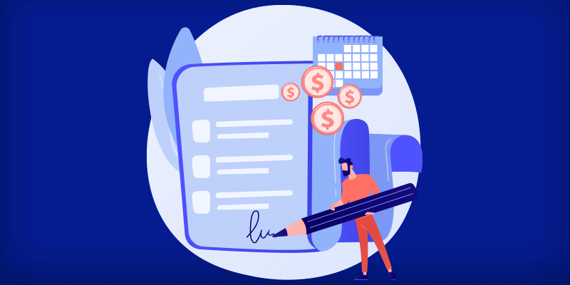 A person uses a large pen to sign a SaaS contract, with a checklist, calendar, and dollar symbols on a blue background.