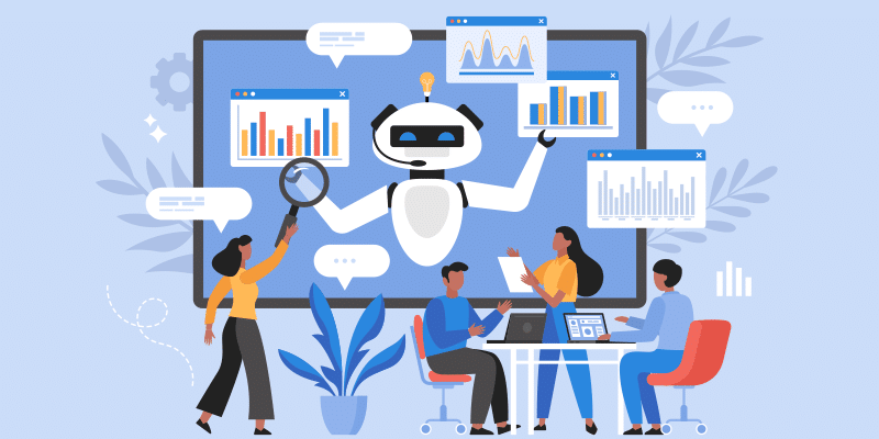 A robot appears on a large screen with data charts, as three people at a table analyze and discuss insights about AI-driven SaaS platforms.