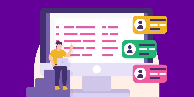 Person with laptop sits on stairs beside a large screen showing data charts; colorful user cards float, illustrating SaaS license management.