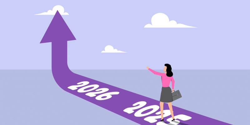 A woman holding a briefcase stands on a purple arrow-shaped path marked 2025 and 2026, ascending into the sky to denote future progress.