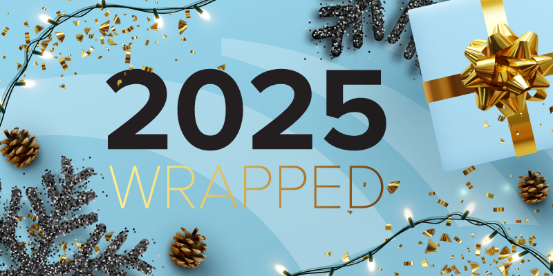 “2025 Wrapped” in bold on a blue background, with a wrapped gift, pinecones, fairy lights, BetterCloud logo, and gold confetti.