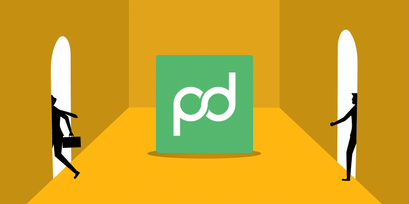 Two silhouetted figures use doors flanking a large green "pd" logo in a yellow room, symbolizing automated PandaDoc account workflow.