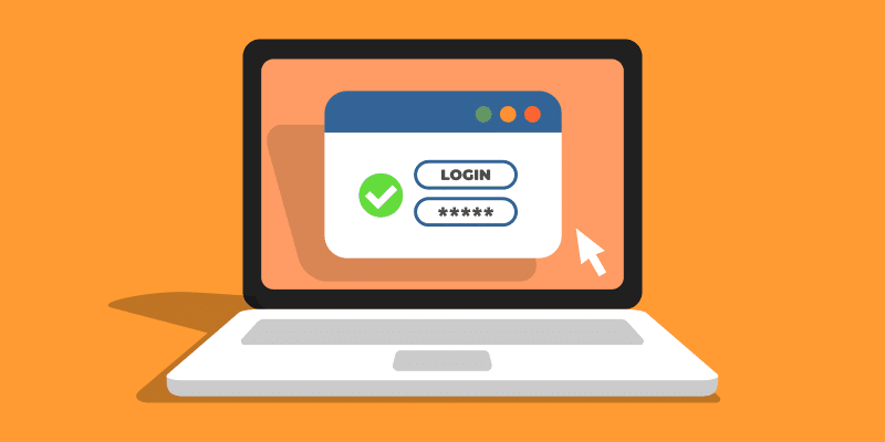 Laptop showing a login screen with a password field, green check mark, and cursor on an orange background, highlighting SaaS access.