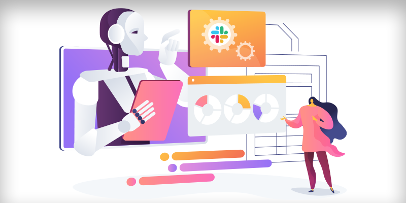 A robot and a person engage with floating digital charts, gears, and a Slack logo, highlighting human-AI collaboration.