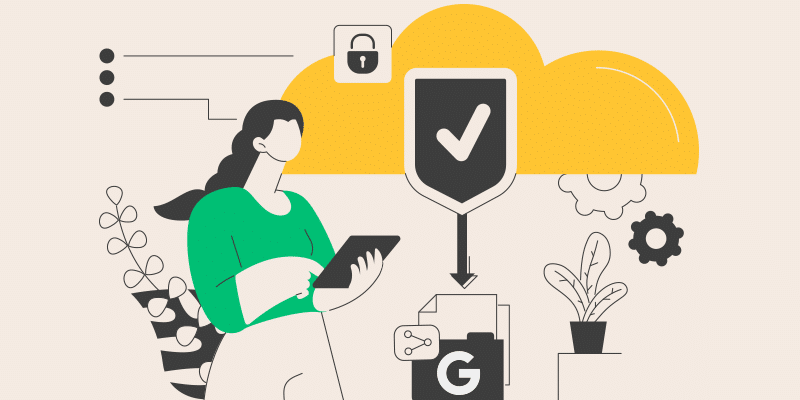 A woman holds a tablet beneath a large cloud filled with security icons and digital files, representing Google DLP enhancing cloud data security.