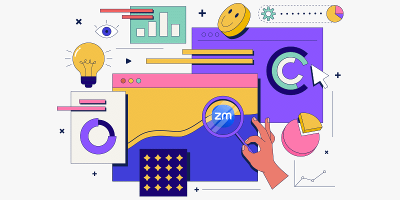 Graphs, charts, a lightbulb, smiley face, and magnifying glass in a hand symbolize data-driven creative problem-solving with Zoom.