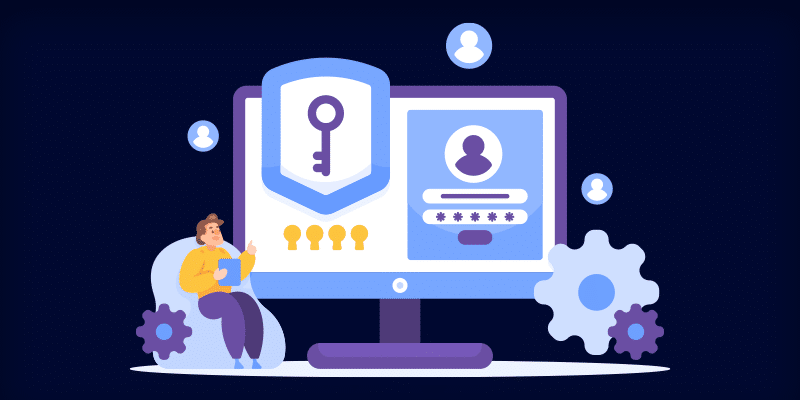 Person using a laptop next to a monitor showing a key icon, login form, user avatars, and gears symbolizing secure employee account access.