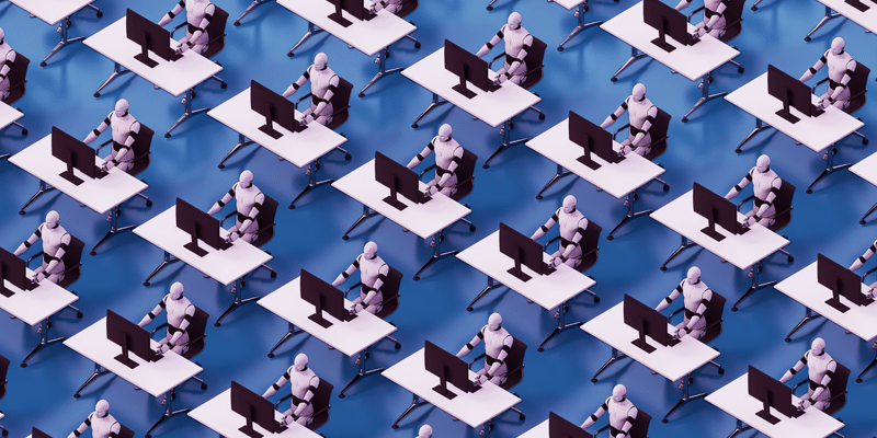 Several identical humanoid robots are seated in rows at desks, each using a computer against a blue background, visually representing automation and artificial intelligence in an office environment while illustrating the contrast between agent sprawl and SaaS sprawl in modern digital workplaces.
