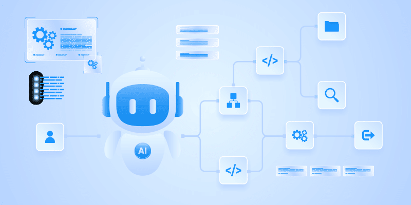 A diagram features a central robot labeled "AI" with lines connecting it to various icons: code, files, users, search, and process automation. This layout visually demonstrates how an Agentic AI coordinates different IT automation tasks by interacting with multiple digital elements.
