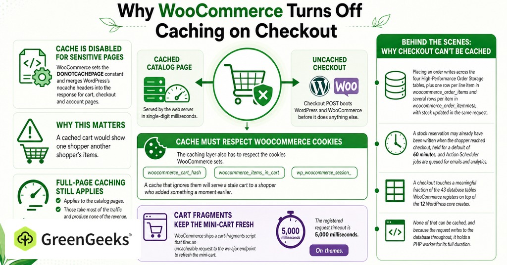 GreenGeeks infographic explaining why woocommerce turns off caching on checkout for ecommerce web hosting