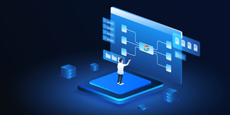 A person engages with a large digital interface featuring the Google logo, network diagrams, and file icons, surrounded by server stacks against a dark blue background. The composition conveys themes of Google Workspace automation and efficient management of digital systems.