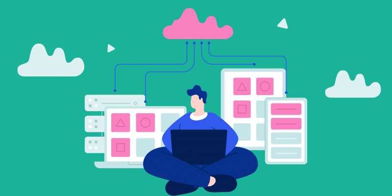 A person sits with a laptop, encircled by server towers and cloud icons, symbolizing cloud computing and data management. The visual context suggests guidance for IT managers on effectively managing unmanaged SaaS applications.