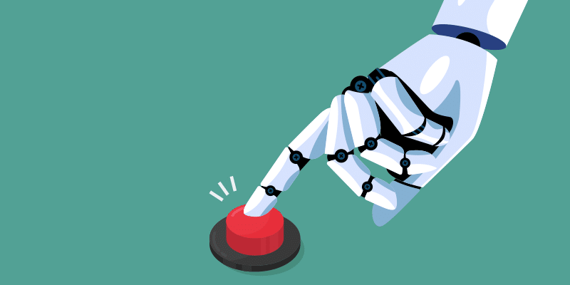 A white robotic hand firmly pressing a circular red button.